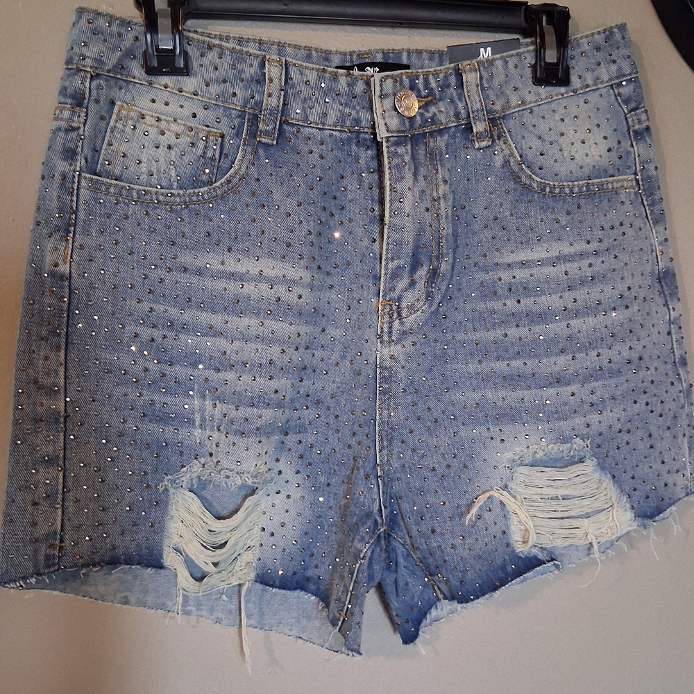 Vocal Distressed Blue Studded Jean Shorts